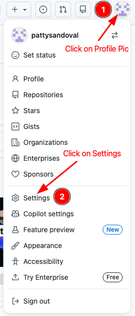 GitHub profile menu with Settings highlighted