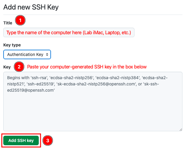 New SSH key form with title and key fields