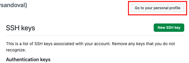GitHub settings page with Go to your personal profile button