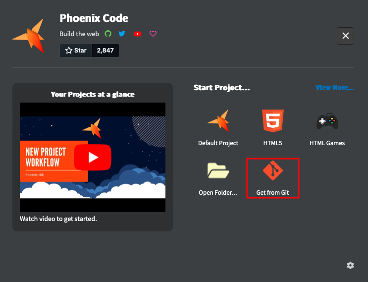 Phoenix Code start dialog with Get from Git button